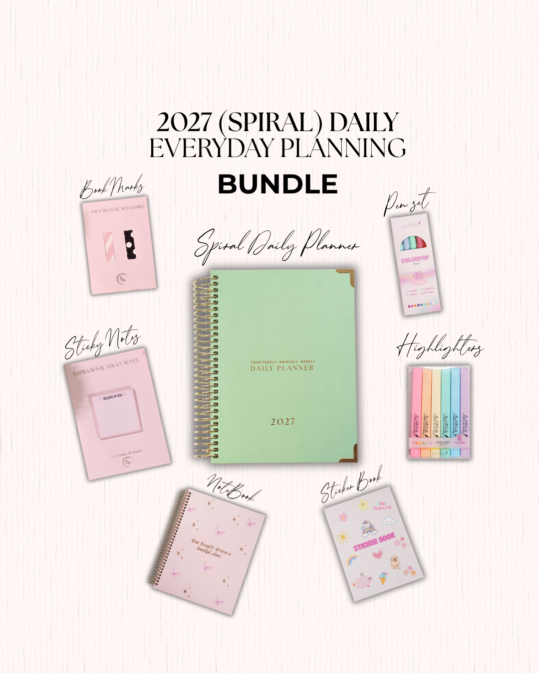 Mint green 2027 spiral daily planner with book marks, pen set, highlighters, sticky notes, notebook and sticker book