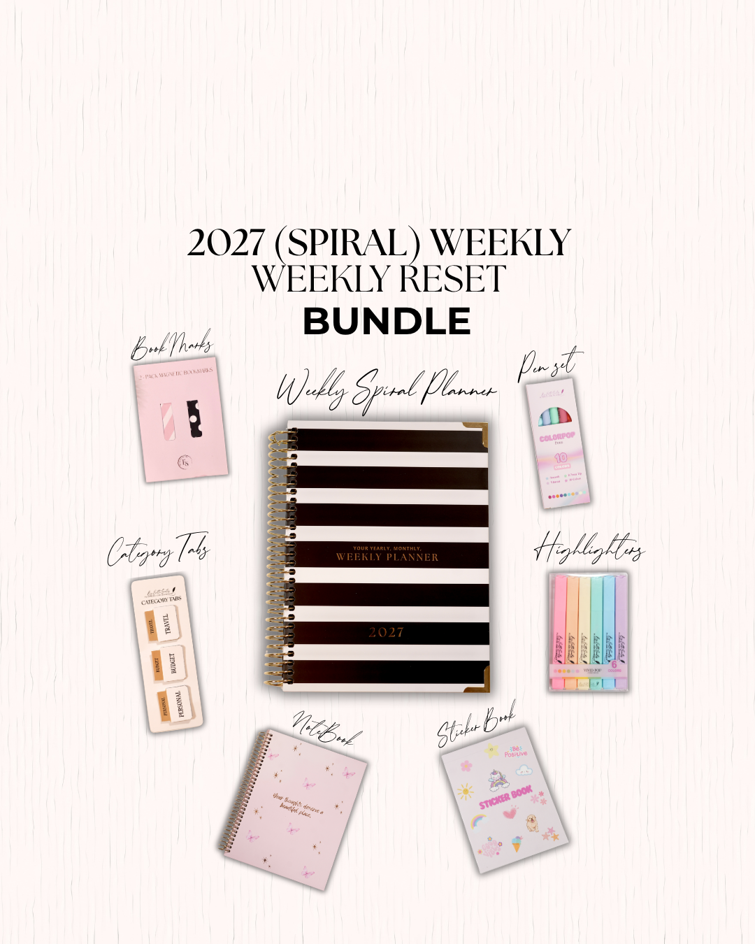Black and white striped 2027 spiral weekly planner with book marks, pen set, category tabs, highlighters, notebook and sticker book