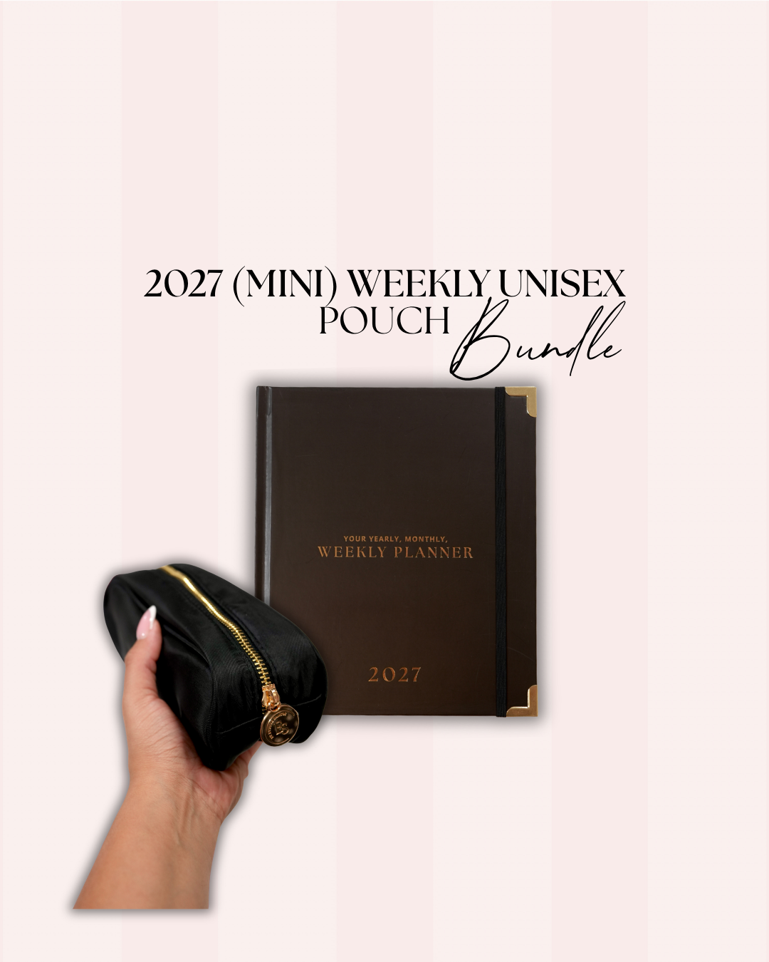 Black 2027 mini weekly unisex planner with a hand holding a black pencil pouch with a gold zipper