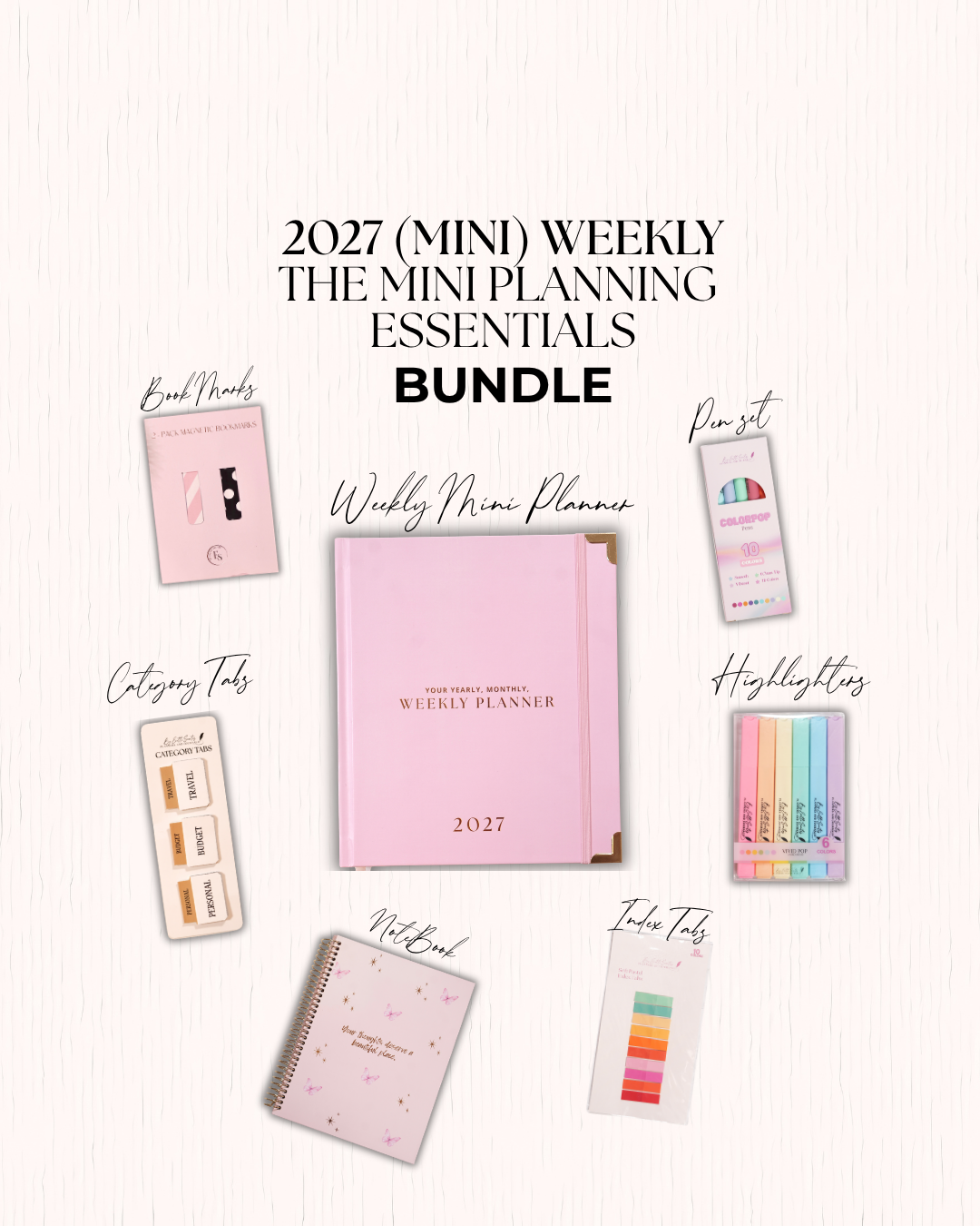 Pink 2027 mini weekly planner with book marks, pen set, category tabs, highlighters, notebook and index tabs